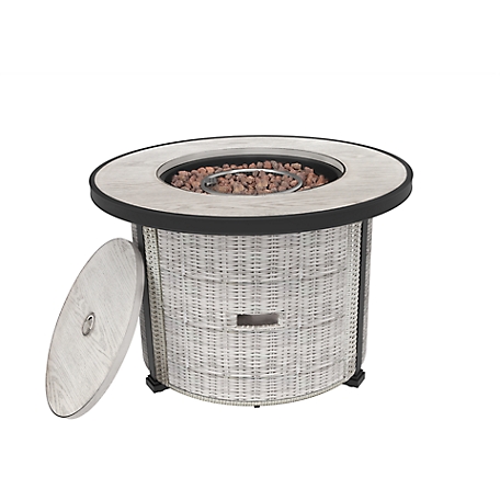 Legacy Heating 36 in. Outdoor Round Wicker Propane Fire Pit Table with Lid, Lava Rock, 50,000 BTU