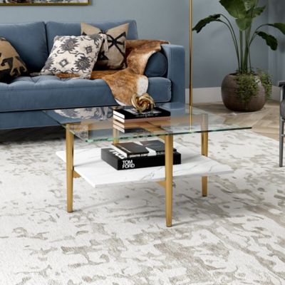 Hudson&Canal Otto Square Coffee Table with Faux Marble Shelf, 32 in. W