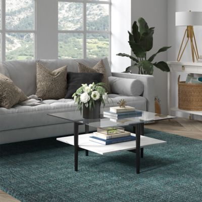 Image showing 3 th Hudson&Canal Otto Square Coffee Table with Faux Marble Shelf, 32 in.