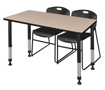 Regency Kee Adjustable Classroom Table with 2 Zeng Stack Chairs, 48 in. x 30 in., Black