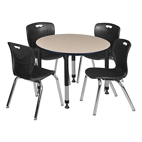 Regency Kee 36 in. Round Adjustable Classroom Table & 4 Andy 18 in. Black Chairs