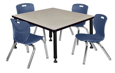 Regency Kee Square Adjustable Classroom Table with 4 Andy 12 in. Chairs, 42 in., Blue
