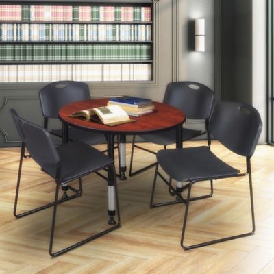 Image showing  Kee Round Adjustable Classroom Table with 4 Zeng Stack Chairs, 42 in., Black