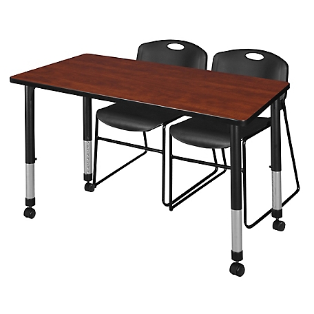 Regency Kee 48 x 24 in. Mobile Adjustable Classroom Table & 2 Zeng Stack Black Chairs