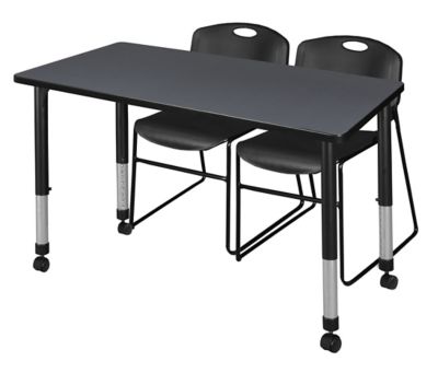 Regency Kee 48 x 24 in. Mobile Adjustable Classroom Table & 2 Zeng Stack Black Chairs