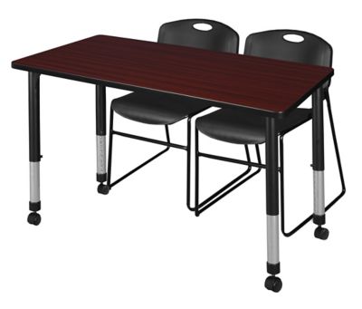 Regency Kee Mobile Adjustable Classroom Table with 2 Zeng Stack Chairs, 48 in. x 30 in., Black