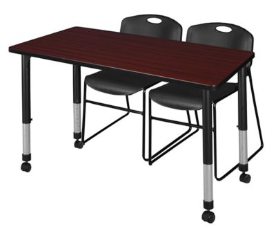 Regency Kee 48 x 30 in. Mobile Adjustable Classroom Table & 2 Zeng Stack Black Chairs