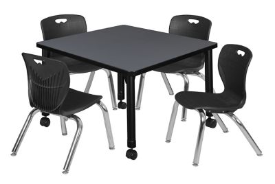 Regency Kee 30 in. Square Mobile Adjustable Classroom Table & 4 Andy 12 in. Black Chairs