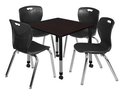 Regency Kee 30 in. Square Mobile Adjustable Classroom Table & 4 Andy 18 in. Black Chairs