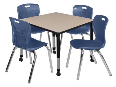 Regency Kee Square Mobile Adjustable Classroom Table with 4 Andy 18 in. Chairs, 36 in., Blue