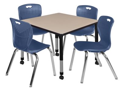 Regency Kee 36 in. Square Mobile Adjustable Classroom Table & 4 Andy 18 in. Blue Chairs