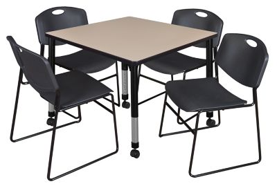 Regency Kee 36 in. Square Mobile Adjustable Classroom Table & 4 Zeng Stack Black Chairs
