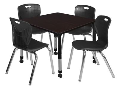 Regency Kee 36 in. Square Mobile Adjustable Classroom Table & 4 Andy 18 in. Black Chairs