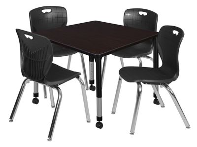 Regency Kee Square Mobile Adjustable Classroom Table with 4 Andy 18 in. Chairs, 36 in., Black