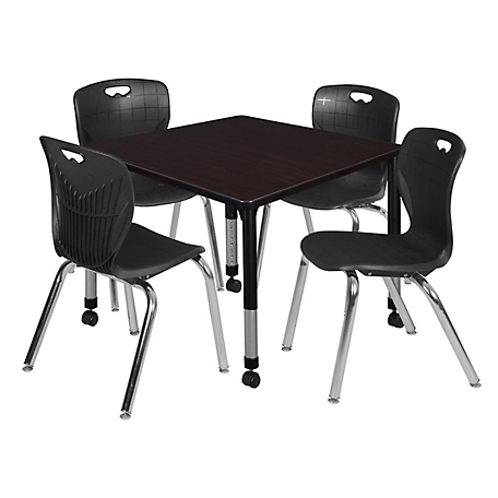Regency Kee 36 in. Square Mobile Adjustable Classroom Table & 4 Andy 18 in. Black Chairs