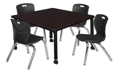 Regency Kee Square Mobile Adjustable Classroom Table with 4 Andy 12 in. Chairs, 36 in., Black