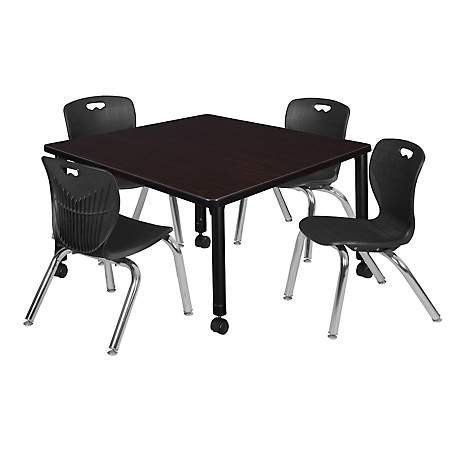 Regency Kee 36 in. Square Mobile Adjustable Classroom Table & 4 Andy 12 in. Black Chairs
