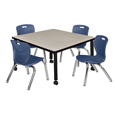 Regency Kee 36 in. Square Mobile Adjustable Classroom Table & 4 Andy 12 in. Blue Chairs