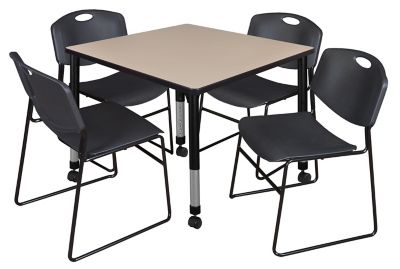 Regency Kee Square Mobile Adjustable Classroom Table with 4 Zeng Stack Chairs, 42 in., Black