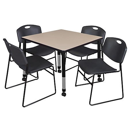 Regency Kee 42 in. Square Mobile Adjustable Classroom Table & 4 Zeng Stack Black Chairs