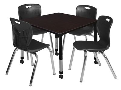 Regency Kee 42 in. Square Mobile Adjustable Classroom Table & 4 Andy 18 in. Black Chairs