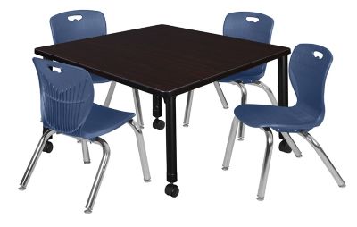 Regency Kee 42 in. Square Mobile Adjustable Classroom Table & 4 Andy 12 in. Blue Chairs