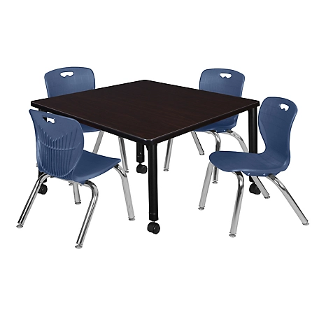 Regency Kee 42 in. Square Mobile Adjustable Classroom Table & 4 Andy 12 in. Blue Chairs