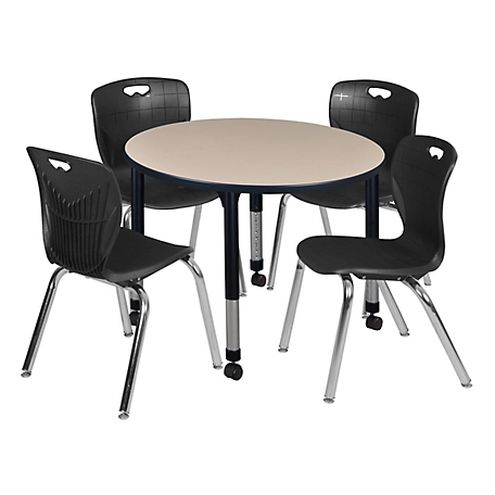 Regency Kee 42 in. Round Adjustable Classroom Table & 4 Andy 18 in. Black Chairs