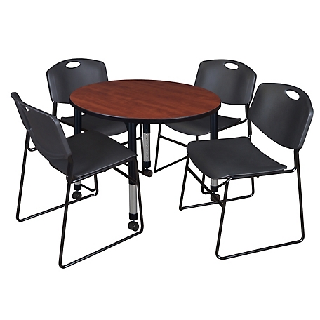 Regency Kee 42 in. Round Adjustable Classroom Table & 4 Zeng Stack Black Chairs