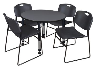 Regency Kee 42 in. Round Adjustable Classroom Table & 4 Zeng Stack Black Chairs