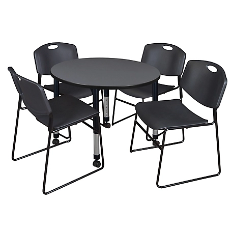 Regency Kee 42 in. Round Adjustable Classroom Table & 4 Zeng Stack Black Chairs