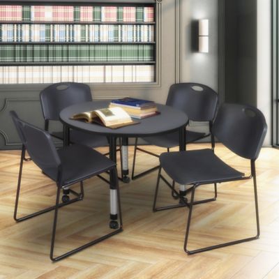 Image showing  Kee Round Adjustable Classroom Table with 4 Zeng Stack Chairs, 42 in., Black