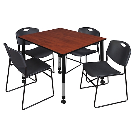 Regency Kee 48 in. Square Mobile Adjustable Classroom Table & 4 Zeng Stack Black Chairs