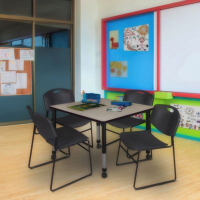 Image showing  Kee Square Mobile Adjustable Classroom Table with 4 Zeng Stack Chairs, 48 in., Black