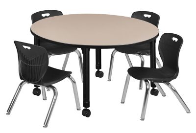 Regency Kee Round Adjustable Classroom Table with 4 Andy 12 in. Chairs, 48 in., Black