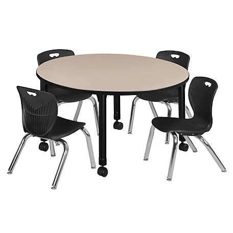 Regency Kee 48 in. Round Adjustable Classroom Table & 4 Andy 12 in. Black Chairs