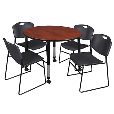 Regency Kee 48 in. Round Adjustable Classroom Table & 4 Zeng Stack Black Chairs