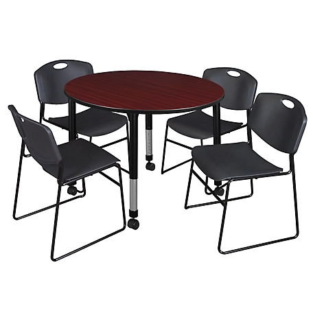 Regency Kee 48 in. Round Adjustable Classroom Table & 4 Zeng Stack Black Chairs