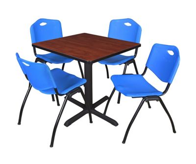 Image showing  Cain Small Square X-Base Breakroom Table with 4 M Stack Chairs, 30 in., Blue