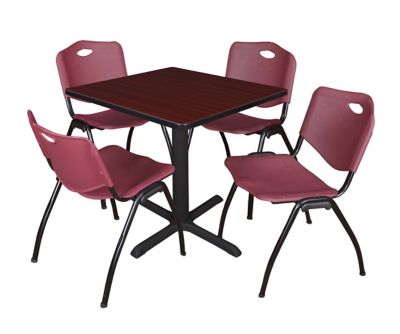 Regency Cain Small 30 in. Square Breakroom Table, X-Base & 4 M Stack Burgundy Chairs