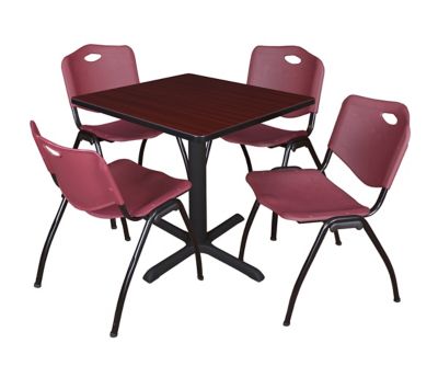 Regency Cain Small Square X-Base Breakroom Table with 4 M Stack Chairs, 30 in., Burgundy