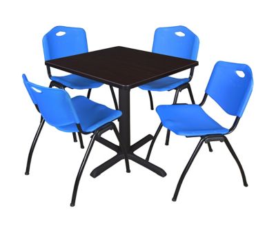 Regency Cain Small 30 in. Square Breakroom Table, X-Base & 4 M Stack Blue Chairs