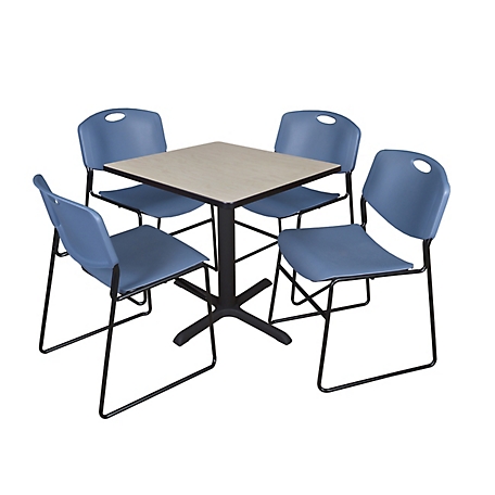 Regency Cain Small 30 in. Square Breakroom Table, X-Base & 4 Zeng Blue Chairs