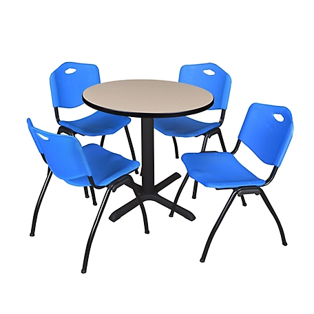 Regency Cain Small 30 in. Round Breakroom Table, X-Base & 4 M Stack Blue Chairs