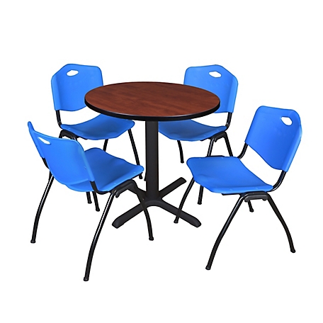 Regency Cain Small 30 in. Round Breakroom Table, X-Base & 4 M Stack Blue Chairs