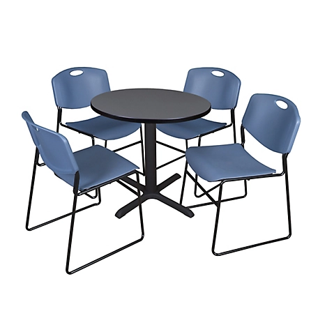 Regency Cain Small 30 in. Round Breakroom Table, X-Base & 4 Zeng Blue Chairs