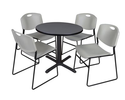 Regency Cain Small Round X-Base Breakroom Table with 4 Zeng Chairs, 30 in., Gray