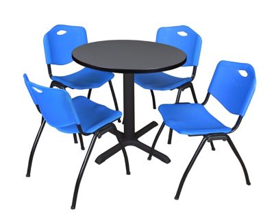 Regency Cain Small Round X-Base Breakroom Table with 4 M Stack Chairs, 30 in., Blue