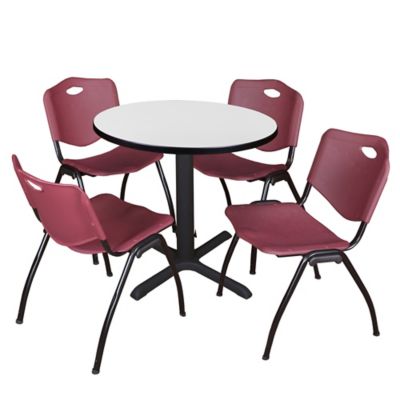 Regency Cain Small 30 in. Round Breakroom Table, X-Base & 4 M Stack Burgundy Chairs