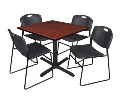 Regency Cain Square X-Base Breakroom Table with 4 Zeng Stack Chairs, 36 in., Black